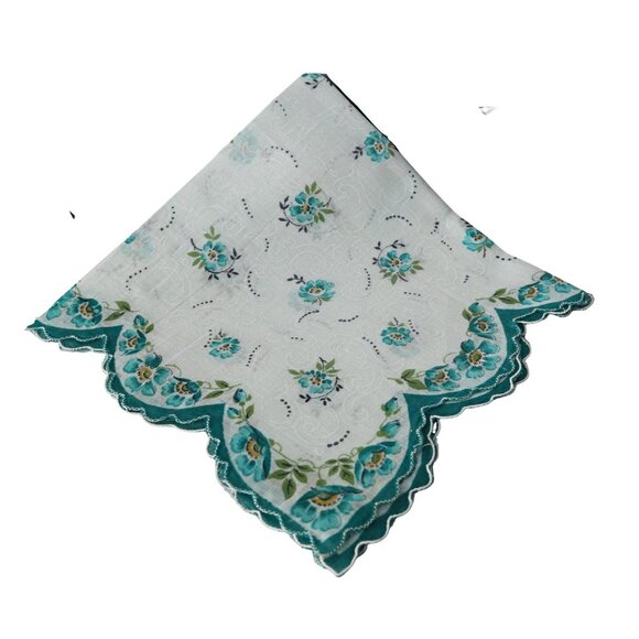 Handkerchief Hanky Hankie Vintage Teal with Floral Design - Picture 1 of 2